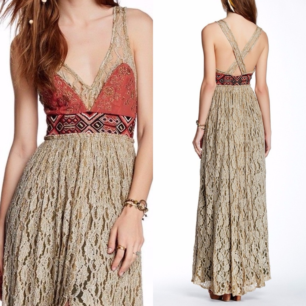 New Free People Crushed Gold Embellished Lace Dress Sz 2 $400 msrp